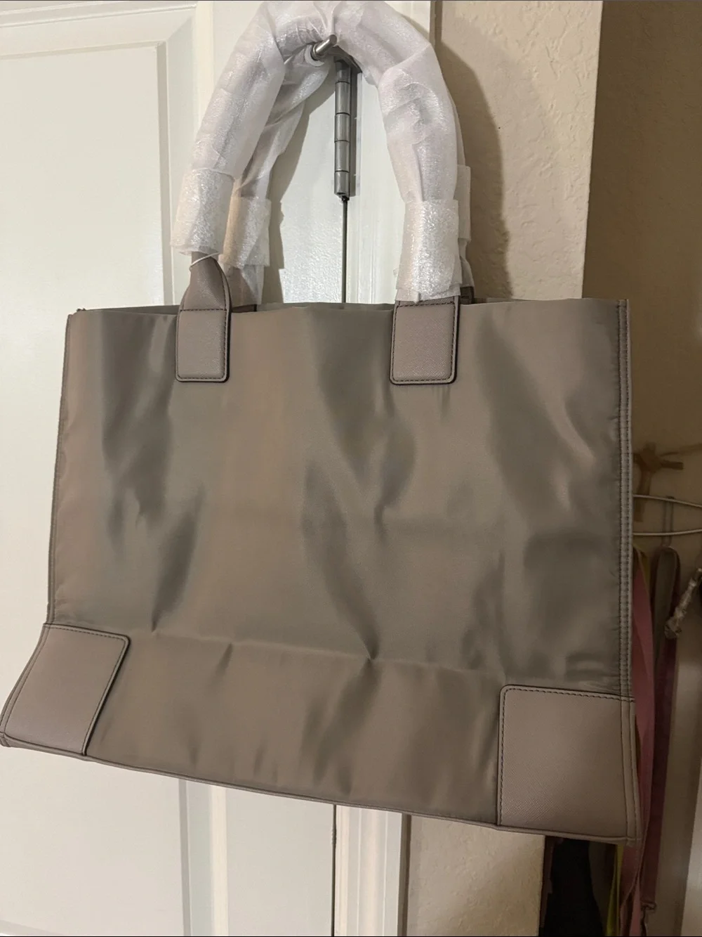 Tory Burch Taupe Nylon Tote with Studded Logo